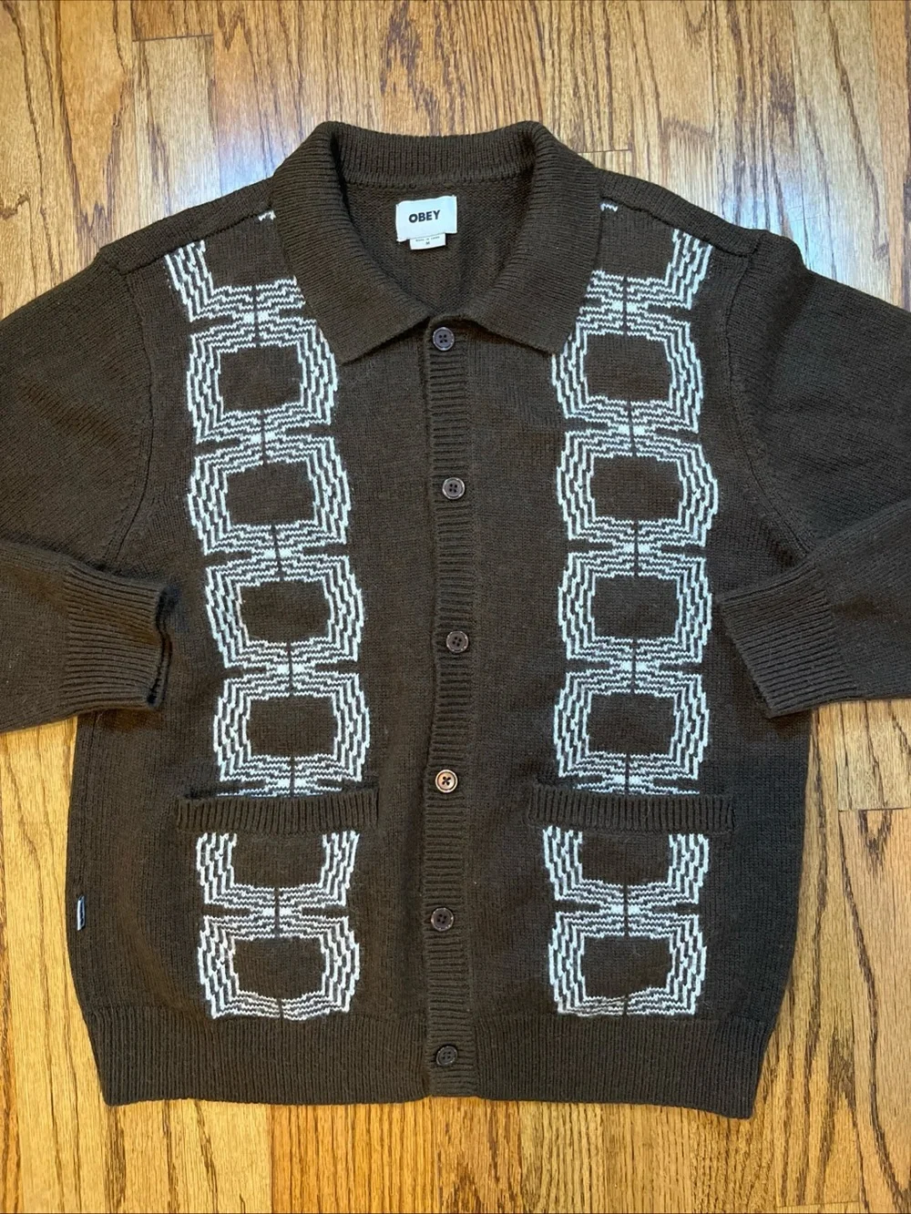 Obey Men's Button Up Cardigan Sweater Verdugo Brown M Grandpa Mod Skater Grunge